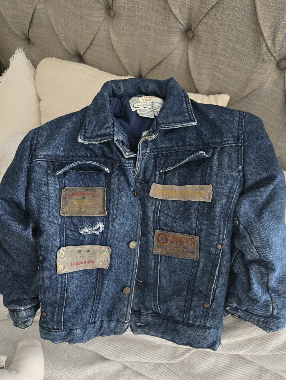 Vintage 80s London Fog Patchwork Denim Trucker Jacket Distressed Kids L/7